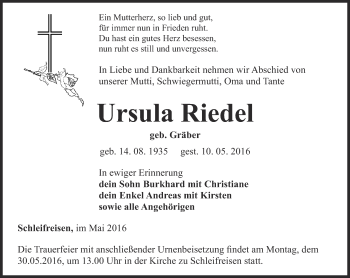 Traueranzeige von Ursula Riedel von Ostthüringer Zeitung