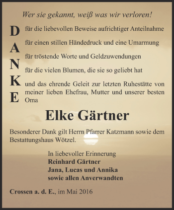 Traueranzeige von Elke Gärtner von Ostthüringer Zeitung