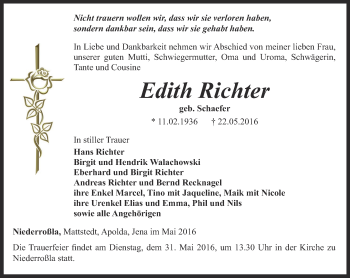 Traueranzeige von Edith Richter von Thüringer Allgemeine, Thüringische Landeszeitung