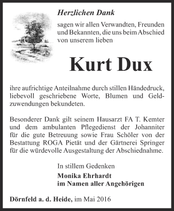 Traueranzeige von Heinz Dux von Ostthüringer Zeitung