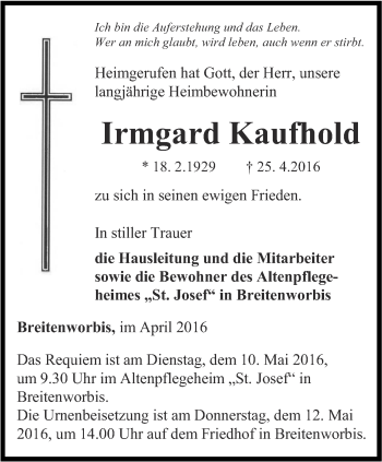 Traueranzeige von Irmgard Kaufhold von Thüringer Allgemeine