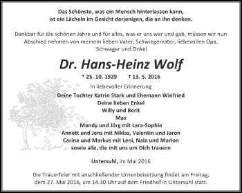 Traueranzeige von Hans-Heinz Wolf von Thüringer Allgemeine, Thüringische Landeszeitung