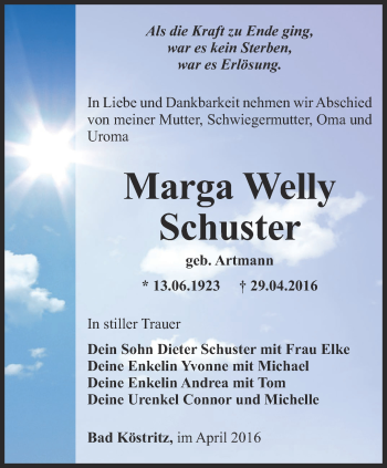 Traueranzeige von Marga Welly Schuster von Ostthüringer Zeitung