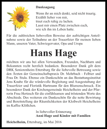 Traueranzeige von Hans Hage von Thüringer Allgemeine, Thüringische Landeszeitung