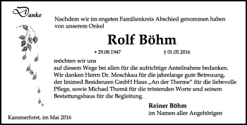 Traueranzeige von Rolf Böhm von Thüringer Allgemeine, Thüringische Landeszeitung