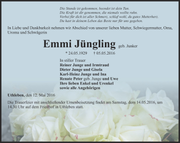 Traueranzeige von Emmi Jüngling von Thüringer Allgemeine