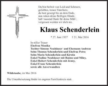 Traueranzeige von Klaus Schenderlein von Ostthüringer Zeitung