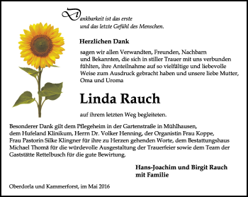 Traueranzeige von Linda Rauch von Thüringer Allgemeine, Thüringische Landeszeitung