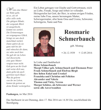 Traueranzeige von Rosmarie Schmerbauch von Thüringer Allgemeine, Thüringische Landeszeitung