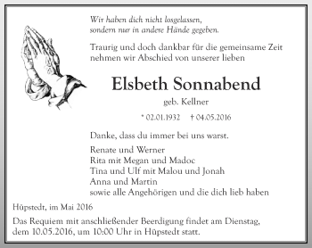 Traueranzeige von Elsbeth Sonnabend von Thüringer Allgemeine, Thüringische Landeszeitung