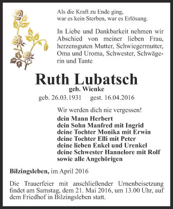 Traueranzeige von Ruth Lubatsch von Thüringer Allgemeine