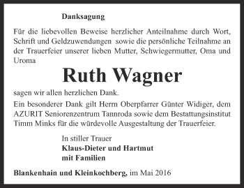 Traueranzeige von Ruth Wagner von Thüringer Allgemeine, Thüringische Landeszeitung