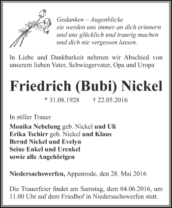Traueranzeige von Friedrich Nickel von Thüringer Allgemeine