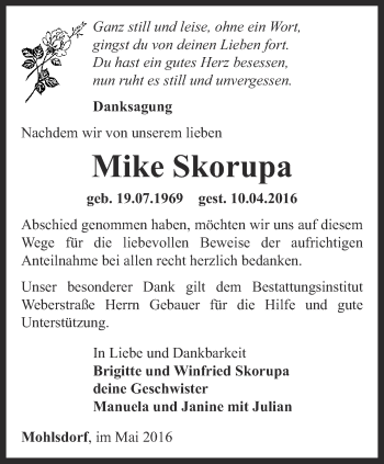 Traueranzeige von Mike Skorupa von Ostthüringer Zeitung