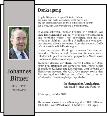Traueranzeige von Johannes Bittner von Thüringer Allgemeine