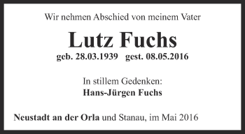 Traueranzeige von Lutz Fuchs von Ostthüringer Zeitung