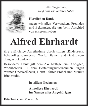 Traueranzeige von Alfred Ehrhardt von Ostthüringer Zeitung