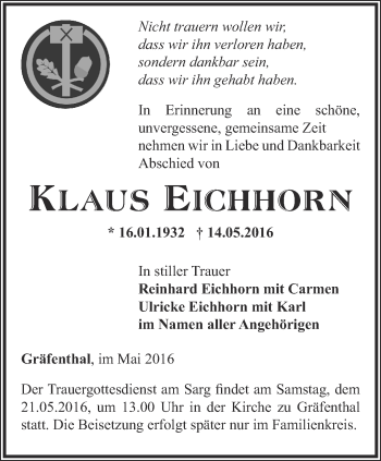 Traueranzeige von Klaus Eichhorn von Ostthüringer Zeitung