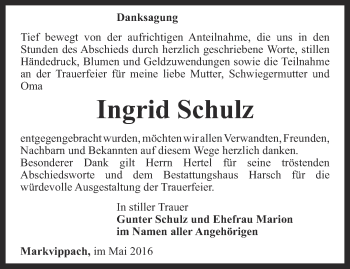 Traueranzeige von Ingrid Schulz von Thüringer Allgemeine