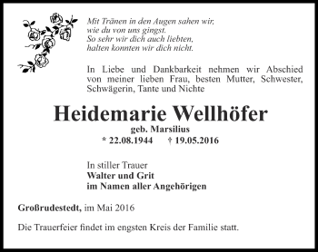 Traueranzeige von Heidemarie Wellhöfer von Thüringer Allgemeine, Thüringische Landeszeitung