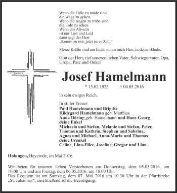 Traueranzeige von Josef Hamelmann von Thüringer Allgemeine