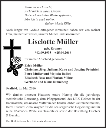 Traueranzeige von Liselotte Müller von Ostthüringer Zeitung