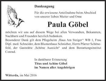 Traueranzeige von Paula Göbel von Thüringer Allgemeine, Thüringische Landeszeitung