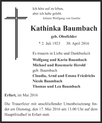 Traueranzeige von Kathinka Baumbach von Thüringer Allgemeine, Thüringische Landeszeitung