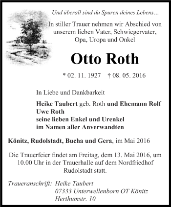 Traueranzeige von Otto Roth von Ostthüringer Zeitung