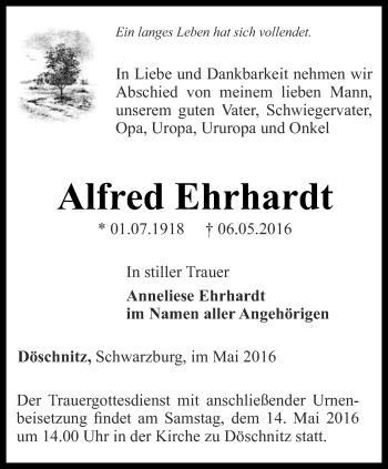 Traueranzeige von Alred Ehrhardt von Ostthüringer Zeitung