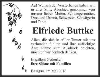 Traueranzeige von Elfriede Buttke von Ostthüringer Zeitung