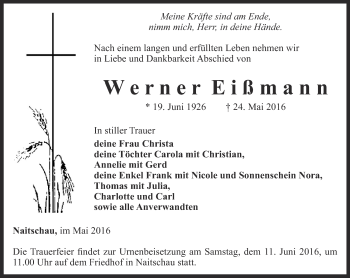 Traueranzeige von Werner Eißmann von Ostthüringer Zeitung