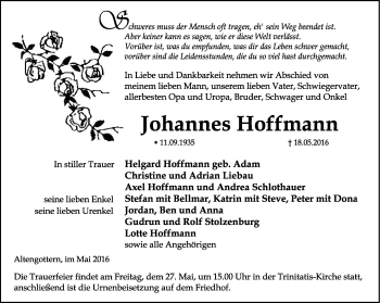 Traueranzeige von Johannes Hoffmann von Thüringer Allgemeine, Thüringische Landeszeitung