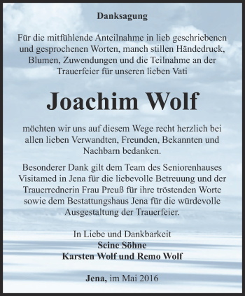 Traueranzeige von Joachim Wolf von Ostthüringer Zeitung, Thüringische Landeszeitung