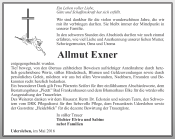 Traueranzeige von Allmut Exner von Thüringer Allgemeine