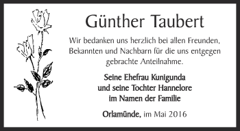 Traueranzeige von Günther Taubert von Ostthüringer Zeitung, Thüringische Landeszeitung