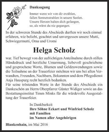 Traueranzeige von Helga Scholz von Thüringer Allgemeine, Thüringische Landeszeitung