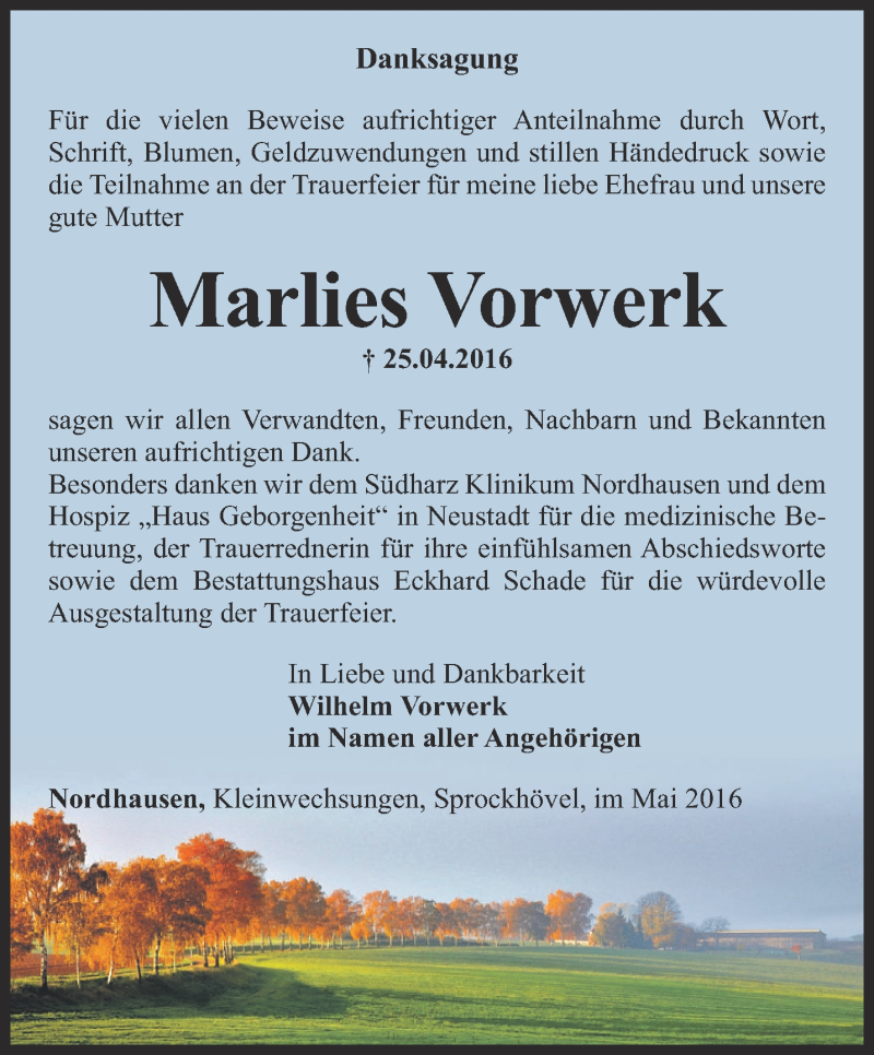  Traueranzeige für Marlies Vorwerk vom 14.05.2016 aus Thüringer Allgemeine