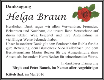Traueranzeige von Helga Braun von Thüringer Allgemeine, Thüringische Landeszeitung