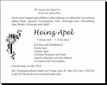 Traueranzeige von Heinz Apel von Thüringer Allgemeine