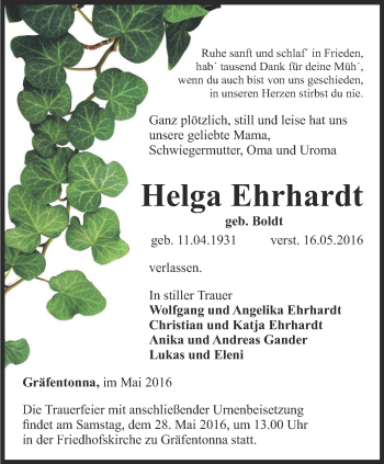 Traueranzeige von Helga Ehrhardt von Thüringer Allgemeine, Thüringische Landeszeitung