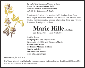 Traueranzeige von Marie Hille von Thüringer Allgemeine, Thüringische Landeszeitung
