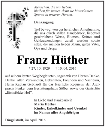 Traueranzeige von Franz  Hüther von Thüringer Allgemeine