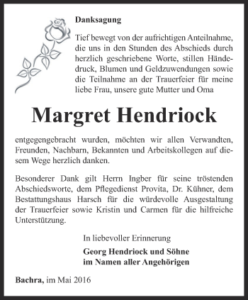 Traueranzeige von Margret Hendriock von Thüringer Allgemeine