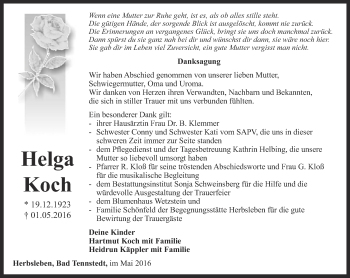 Traueranzeige von Helga Koch von Thüringer Allgemeine, Thüringische Landeszeitung