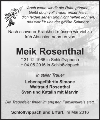 Traueranzeige von Meik Rosenthal von Thüringer Allgemeine, Thüringische Landeszeitung