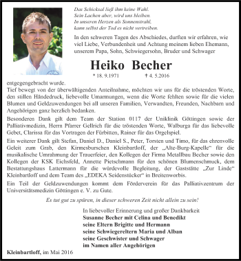 Traueranzeige von Heiko Becher von Thüringer Allgemeine, Thüringische Landeszeitung