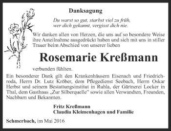 Traueranzeige von Rosemarie Kreßmann von Ostthüringer Zeitung, Thüringische Landeszeitung