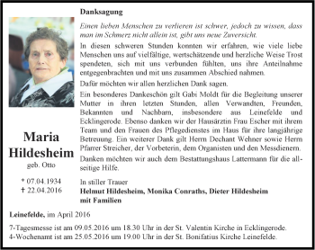 Traueranzeige von Maria Hildesheim von Thüringer Allgemeine