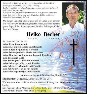 Traueranzeige von Heiko Becher von Thüringer Allgemeine